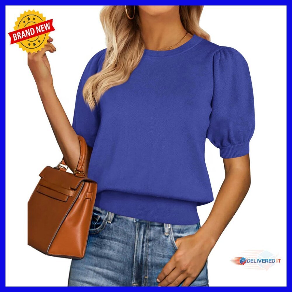 Puff Sleeve Crewneck Knit Sweater Blouse Dressy Casual Work Top